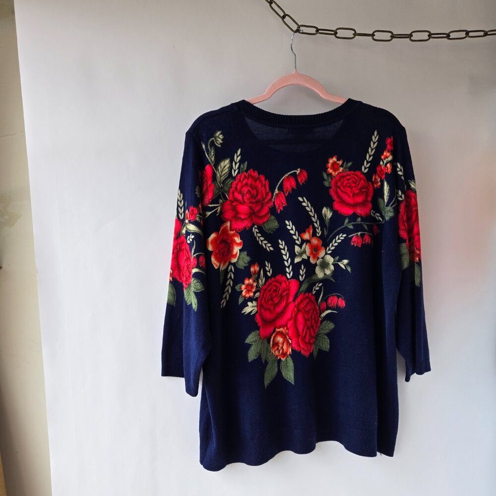 C.D. Daniels 3X Romantic Red Rose & Crystal Studded Navy Blue Knit Sweater